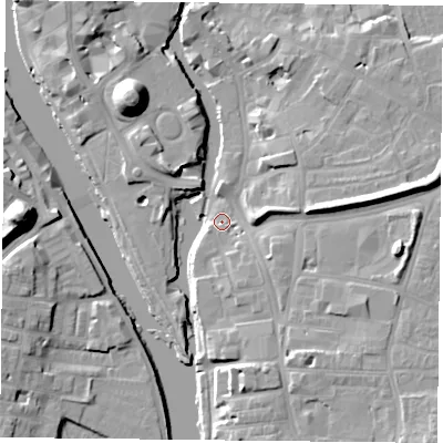 Shaded relief map of the ground around YO104GA, computed from Environment Agency LiDAR. The ground here sits at about 9 m above sea level and falls 19 m across the surrounding 800 m. Surface water reaching this point runs off ground lying to the east, 10.2 m higher.