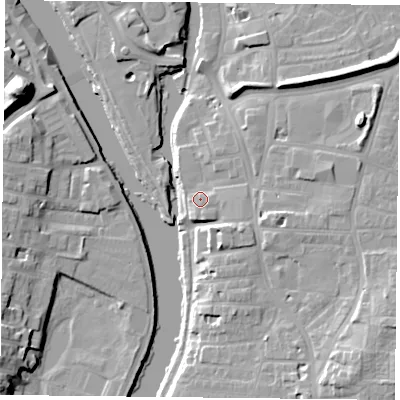 Shaded relief map of the ground around YO104NL, computed from Environment Agency LiDAR. The ground here sits at about 12 m above sea level and falls 19 m across the surrounding 800 m. Surface water reaching this point runs off ground lying to the east-south-east, 1.3 m higher.