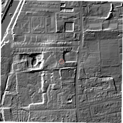 Shaded relief map of the ground around YO104PB, computed from Environment Agency LiDAR. The ground here sits at about 16 m above sea level and falls 13 m across the surrounding 800 m. Surface water reaching this point runs off ground lying to the south-south-west, 1.1 m higher.