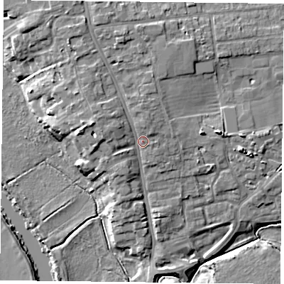 Shaded relief map of the ground around YO104PN, computed from Environment Agency LiDAR. The ground here sits at about 14 m above sea level and falls 12 m across the surrounding 800 m. Surface water reaching this point runs off ground lying to the north-west, 3.6 m higher.