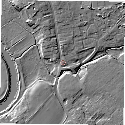 Shaded relief map of the ground around YO104PR, computed from Environment Agency LiDAR. The ground here sits at about 10 m above sea level and falls 12 m across the surrounding 800 m. Surface water reaching this point runs off ground lying to the north-north-west, 8.7 m higher.