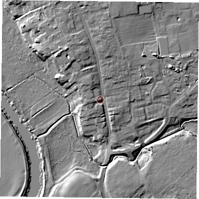 Shaded relief map of the ground around YO104PS, computed from Environment Agency LiDAR. The ground here sits at about 13 m above sea level and falls 12 m across the surrounding 800 m. Surface water reaching this point runs off ground lying to the north-north-west, 5.4 m higher.