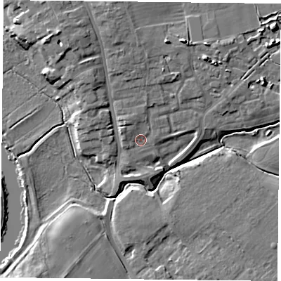 Shaded relief map of the ground around YO104QB, computed from Environment Agency LiDAR. The ground here sits at about 11 m above sea level and falls 12 m across the surrounding 800 m. Surface water reaching this point runs off ground lying to the north-west, 2.7 m higher.