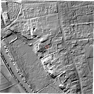 Shaded relief map of the ground around YO104QE, computed from Environment Agency LiDAR. The ground here sits at about 15 m above sea level and falls 12 m across the surrounding 800 m. Surface water reaching this point runs off ground lying to the east-north-east, 3.4 m higher.