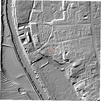 Shaded relief map of the ground around YO104QF, computed from Environment Agency LiDAR. The ground here sits at about 11 m above sea level and falls 13 m across the surrounding 800 m. Surface water reaching this point runs off ground lying to the east, 5.1 m higher.