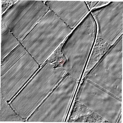 Shaded relief map of the ground around YO105EJ, computed from Environment Agency LiDAR. The ground here sits at about 9 m above sea level and falls 4 m across the surrounding 800 m. Surface water reaching this point runs off ground lying to the north, 0.6 m higher.