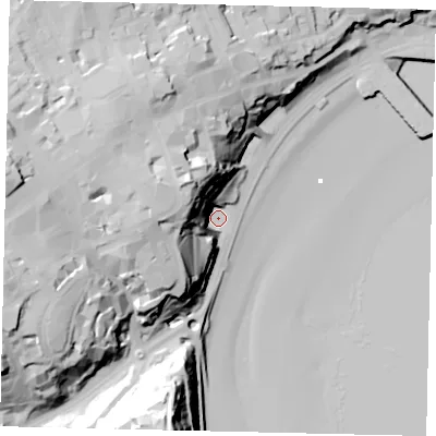Shaded relief map of the ground around YO111NU, computed from Environment Agency LiDAR. The ground here sits at about 4 m above sea level and falls 50 m across the surrounding 800 m. Surface water reaching this point runs off ground lying to the west-north-west, 33.7 m higher.