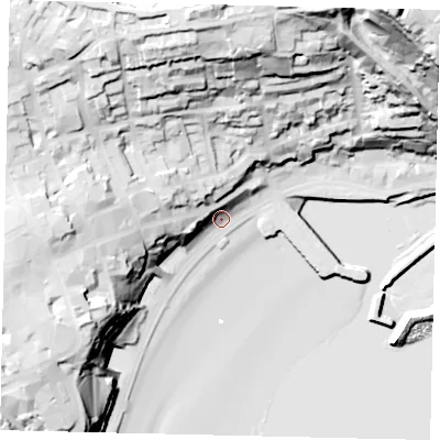 Shaded relief map of the ground around YO111PB, computed from Environment Agency LiDAR. The ground here sits at about 6 m above sea level and falls 90 m across the surrounding 800 m. Surface water reaching this point runs off ground lying to the west, 18.6 m higher.