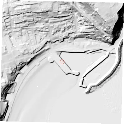 Shaded relief map of the ground around YO111PD, computed from Environment Agency LiDAR. The ground here sits at about 4 m above sea level and falls 87 m across the surrounding 800 m. Surface water reaching this point runs off ground lying to the north-north-west, 57.5 m higher.