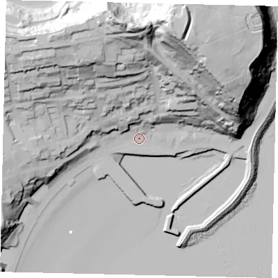 Shaded relief map of the ground around YO111PE, computed from Environment Agency LiDAR. The ground here sits at about 4 m above sea level and falls 91 m across the surrounding 800 m. Surface water reaching this point runs off ground lying to the north, 71.7 m higher.