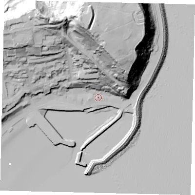 Shaded relief map of the ground around YO111PG, computed from Environment Agency LiDAR. The ground here sits at about 5 m above sea level and falls 91 m across the surrounding 800 m. Surface water reaching this point runs off ground lying to the north, 44.1 m higher.