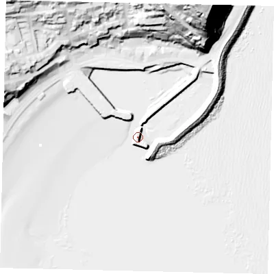 Shaded relief map of the ground around YO111PH, computed from Environment Agency LiDAR. The ground here sits at about 5 m above sea level and falls 75 m across the surrounding 800 m. Surface water reaching this point runs off ground lying to the north-north-east, 74.8 m higher.