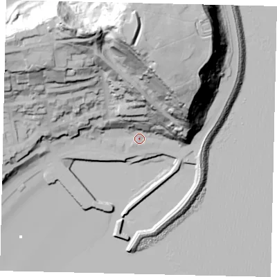 Shaded relief map of the ground around YO111PL, computed from Environment Agency LiDAR. The ground here sits at about 5 m above sea level and falls 91 m across the surrounding 800 m. Surface water reaching this point runs off ground lying to the north-north-east, 39.1 m higher.