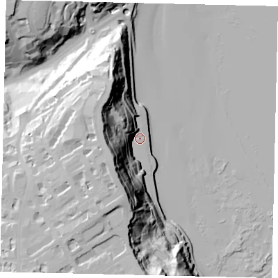 Shaded relief map of the ground around YO112HD, computed from Environment Agency LiDAR. The ground here sits at about 7 m above sea level and falls 59 m across the surrounding 800 m. Surface water reaching this point runs off ground lying to the west-south-west, 47.4 m higher.