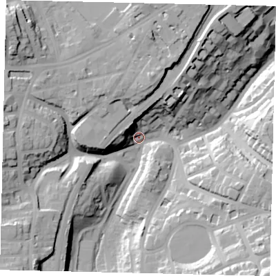 Shaded relief map of the ground around YO112JE, computed from Environment Agency LiDAR. The ground here sits at about 31 m above sea level and falls 44 m across the surrounding 800 m. Surface water reaching this point runs off ground lying to the south-east, 35.6 m higher.