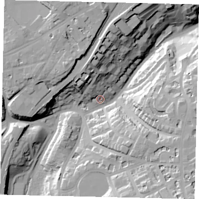 Shaded relief map of the ground around YO112LX, computed from Environment Agency LiDAR. The ground here sits at about 30 m above sea level and falls 45 m across the surrounding 800 m. Surface water reaching this point runs off ground lying to the south-south-east, 32.0 m higher.