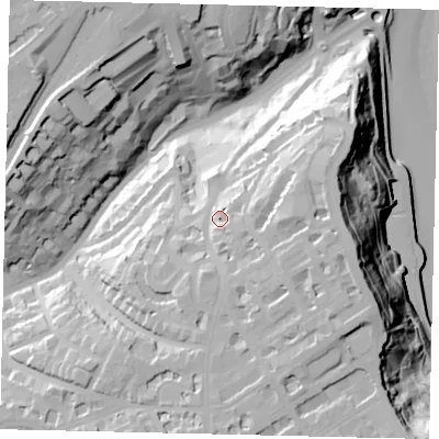 Shaded relief map of the ground around YO112QE, computed from Environment Agency LiDAR. The ground here sits at about 46 m above sea level and falls 57 m across the surrounding 800 m. Surface water reaching this point runs off ground lying to the east-south-east, 14.1 m higher.