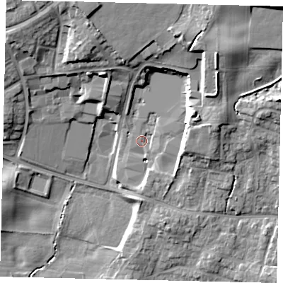Shaded relief map of the ground around YO113BS, computed from Environment Agency LiDAR. The ground here sits at about 38 m above sea level and falls 21 m across the surrounding 800 m. Surface water reaching this point runs off ground lying to the east-north-east, 10.3 m higher.
