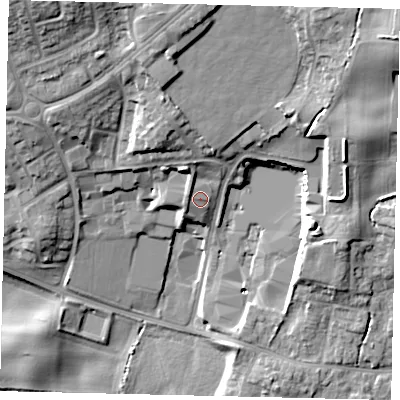 Shaded relief map of the ground around YO113DT, computed from Environment Agency LiDAR. The ground here sits at about 42 m above sea level and falls 24 m across the surrounding 800 m. Surface water reaching this point runs off ground lying to the north-west, 2.2 m higher.