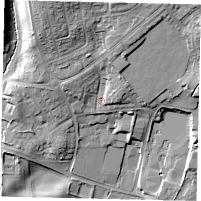 Shaded relief map of the ground around YO113LU, computed from Environment Agency LiDAR. The ground here sits at about 44 m above sea level and falls 26 m across the surrounding 800 m. Surface water reaching this point runs off ground lying to the north-north-east, 9.0 m higher.