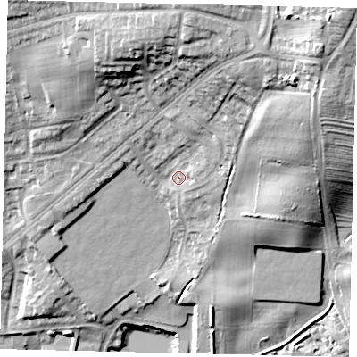 Shaded relief map of the ground around YO113ND, computed from Environment Agency LiDAR. The ground here sits at about 53 m above sea level and falls 37 m across the surrounding 800 m. Surface water reaching this point runs off ground lying to the north-north-east, 17.7 m higher.