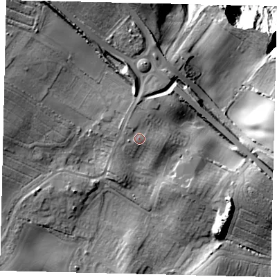 Shaded relief map of the ground around YO113NJ, computed from Environment Agency LiDAR. The ground here sits at about 49 m above sea level and falls 60 m across the surrounding 800 m. Surface water reaching this point runs off ground lying to the north-north-west, 1.9 m higher.