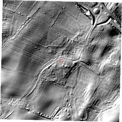 Shaded relief map of the ground around YO113NN, computed from Environment Agency LiDAR. The ground here sits at about 46 m above sea level and falls 23 m across the surrounding 800 m. Surface water reaching this point runs off ground lying to the west-north-west, 11.1 m higher.