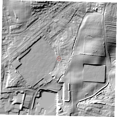 Shaded relief map of the ground around YO113NQ, computed from Environment Agency LiDAR. The ground here sits at about 50 m above sea level and falls 37 m across the surrounding 800 m. Surface water reaching this point runs off ground lying to the north-east, 6.8 m higher.