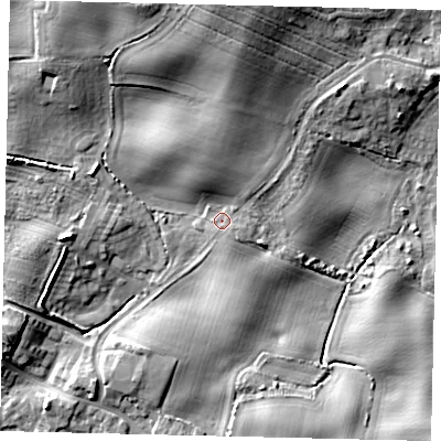 Shaded relief map of the ground around YO113NW, computed from Environment Agency LiDAR. The ground here sits at about 44 m above sea level and falls 20 m across the surrounding 800 m. Surface water reaching this point runs off ground lying to the north-north-west, 5.3 m higher.