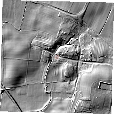 Shaded relief map of the ground around YO113PF, computed from Environment Agency LiDAR. The ground here sits at about 34 m above sea level and falls 19 m across the surrounding 800 m. Surface water reaching this point runs off ground lying to the east-north-east, 6.6 m higher.
