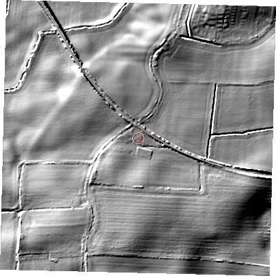 Shaded relief map of the ground around YO113PG, computed from Environment Agency LiDAR. The ground here sits at about 34 m above sea level and falls 12 m across the surrounding 800 m. Surface water reaching this point runs off ground lying to the south, 6.7 m higher.