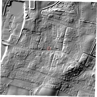 Shaded relief map of the ground around YO113RS, computed from Environment Agency LiDAR. The ground here sits at about 40 m above sea level and falls 18 m across the surrounding 800 m. Surface water reaching this point runs off ground lying to the north, 11.9 m higher.