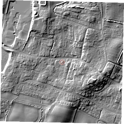 Shaded relief map of the ground around YO113RT, computed from Environment Agency LiDAR. The ground here sits at about 39 m above sea level and falls 18 m across the surrounding 800 m. Surface water reaching this point runs off ground lying to the north, 11.9 m higher.