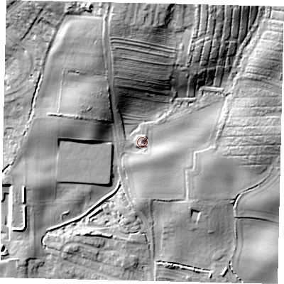 Shaded relief map of the ground around YO113SB, computed from Environment Agency LiDAR. The ground here sits at about 50 m above sea level and falls 29 m across the surrounding 800 m. Surface water reaching this point runs off ground lying to the north-north-east, 19.9 m higher.