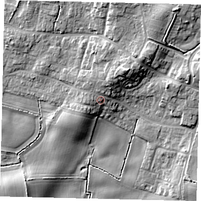 Shaded relief map of the ground around YO113SD, computed from Environment Agency LiDAR. The ground here sits at about 40 m above sea level and falls 19 m across the surrounding 800 m. Surface water reaching this point runs off ground lying to the north-east, 6.9 m higher.