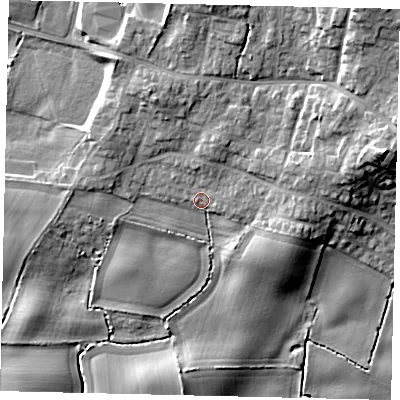 Shaded relief map of the ground around YO113SF, computed from Environment Agency LiDAR. The ground here sits at about 36 m above sea level and falls 18 m across the surrounding 800 m. Surface water reaching this point runs off ground lying to the east-north-east, 10.4 m higher.