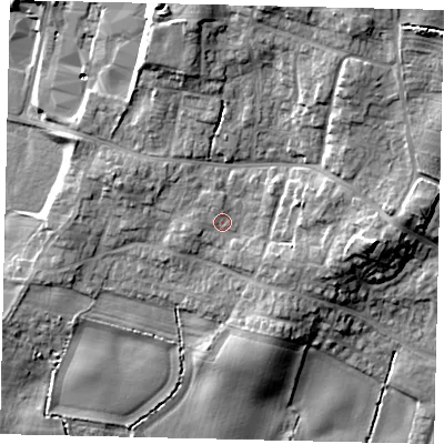 Shaded relief map of the ground around YO113SN, computed from Environment Agency LiDAR. The ground here sits at about 39 m above sea level and falls 17 m across the surrounding 800 m. Surface water reaching this point runs off ground lying to the north-north-west, 1.2 m higher.