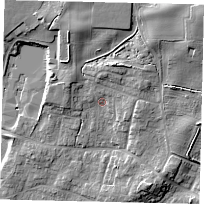 Shaded relief map of the ground around YO113SU, computed from Environment Agency LiDAR. The ground here sits at about 42 m above sea level and falls 19 m across the surrounding 800 m. Surface water reaching this point runs off ground lying to the north, 5.9 m higher.