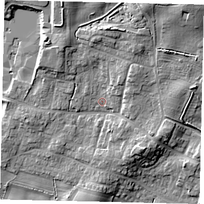Shaded relief map of the ground around YO113SX, computed from Environment Agency LiDAR. The ground here sits at about 40 m above sea level and falls 19 m across the surrounding 800 m. Surface water reaching this point runs off ground lying to the north, 10.9 m higher.