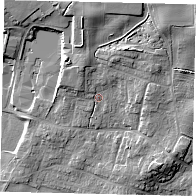 Shaded relief map of the ground around YO113SY, computed from Environment Agency LiDAR. The ground here sits at about 42 m above sea level and falls 18 m across the surrounding 800 m. Surface water reaching this point runs off ground lying to the north-north-west, 10.8 m higher.