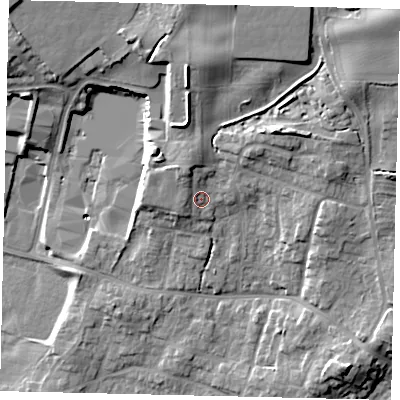 Shaded relief map of the ground around YO113SZ, computed from Environment Agency LiDAR. The ground here sits at about 43 m above sea level and falls 18 m across the surrounding 800 m. Surface water reaching this point runs off ground lying to the north-west, 2.9 m higher.