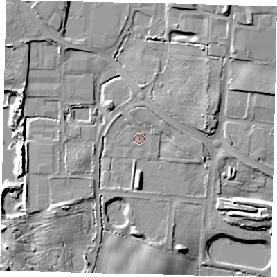 Shaded relief map of the ground around YO113TU, computed from Environment Agency LiDAR. The ground here sits at about 31 m above sea level and falls 15 m across the surrounding 800 m. Surface water reaching this point runs off ground lying to the east-north-east, 1.8 m higher.