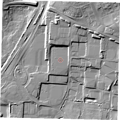 Shaded relief map of the ground around YO113UT, computed from Environment Agency LiDAR. The ground here sits at about 37 m above sea level and falls 22 m across the surrounding 800 m. The ground contributing surface water to this point lies to the west.