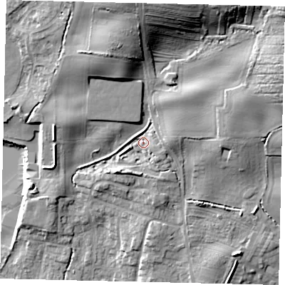 Shaded relief map of the ground around YO113WF, computed from Environment Agency LiDAR. The ground here sits at about 47 m above sea level and falls 26 m across the surrounding 800 m. Surface water reaching this point runs off ground lying to the south-south-west, 4.0 m higher.