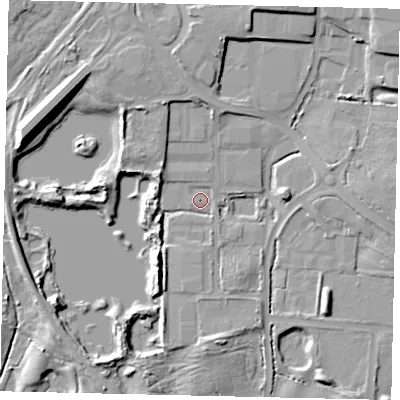Shaded relief map of the ground around YO113YS, computed from Environment Agency LiDAR. The ground here sits at about 30 m above sea level and falls 14 m across the surrounding 800 m. Surface water reaching this point runs off ground lying to the south-south-west, 8.7 m higher.