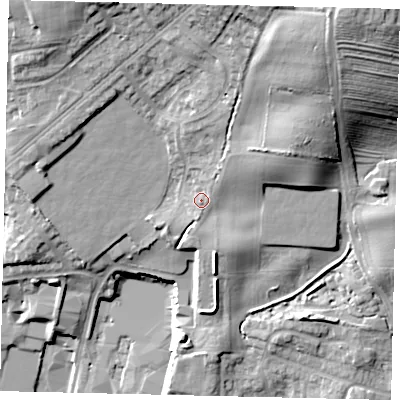 Shaded relief map of the ground around YO113YY, computed from Environment Agency LiDAR. The ground here sits at about 50 m above sea level and falls 36 m across the surrounding 800 m. Surface water reaching this point runs off ground lying to the north-east, 1.8 m higher.