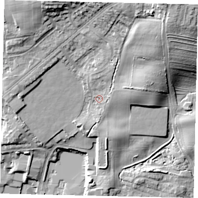 Shaded relief map of the ground around YO113YZ, computed from Environment Agency LiDAR. The ground here sits at about 51 m above sea level and falls 37 m across the surrounding 800 m. Surface water reaching this point runs off ground lying to the north-east, 23.9 m higher.