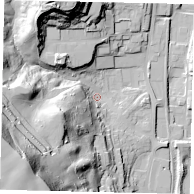 Shaded relief map of the ground around YO124BG, computed from Environment Agency LiDAR. The ground here sits at about 43 m above sea level and falls 97 m across the surrounding 800 m. Surface water reaching this point runs off ground lying to the south-west, 91.5 m higher.