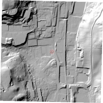 Shaded relief map of the ground around YO124HF, computed from Environment Agency LiDAR. The ground here sits at about 41 m above sea level and falls 73 m across the surrounding 800 m. Surface water reaching this point runs off ground lying to the south-west, 69.3 m higher.