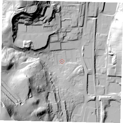 Shaded relief map of the ground around YO124JA, computed from Environment Agency LiDAR. The ground here sits at about 42 m above sea level and falls 97 m across the surrounding 800 m. Surface water reaching this point runs off ground lying to the south-west, 93.4 m higher.